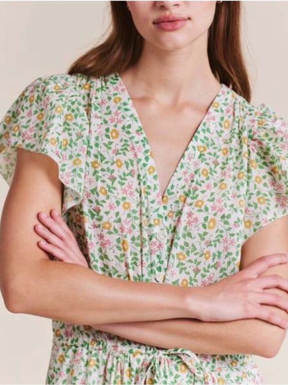 Trovata Floral V-Neck Flutter Sleeve Top - White with Green & Yellow Floral